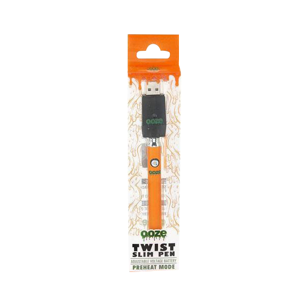 Front-facing shot of the Ooze Slim Twist Battery with Charger in orange packaging, centered on a white background.