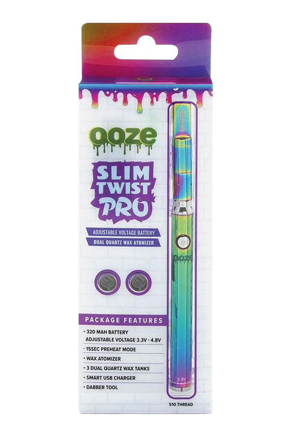 Front-facing shot of the Ooze Slim Twist PRO Concentrate Vape Kit in iridescent green-purple finish shown in its retail packaging with bold logo and feature text.