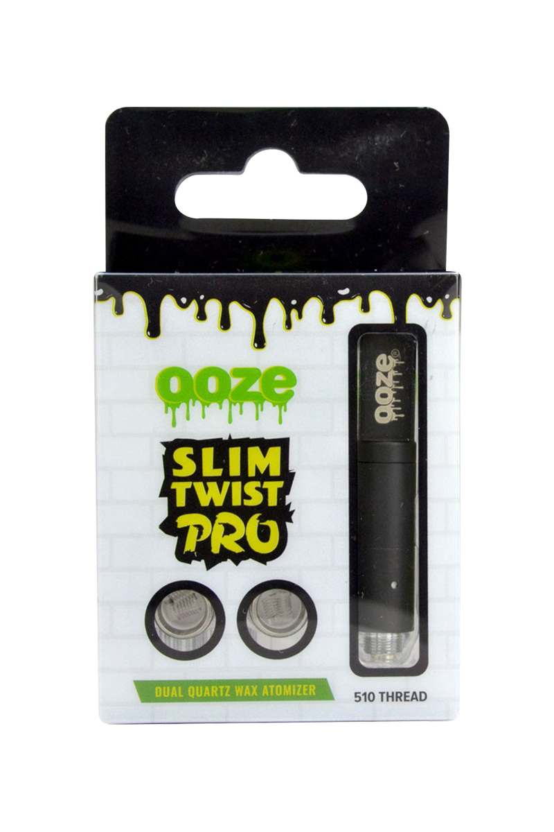 Front-facing shot of the boxed Ooze Slim Twist Pro Wax Atomizer Tank showing the black atomizer visible through a clear window and bold yellow-green packaging graphics.