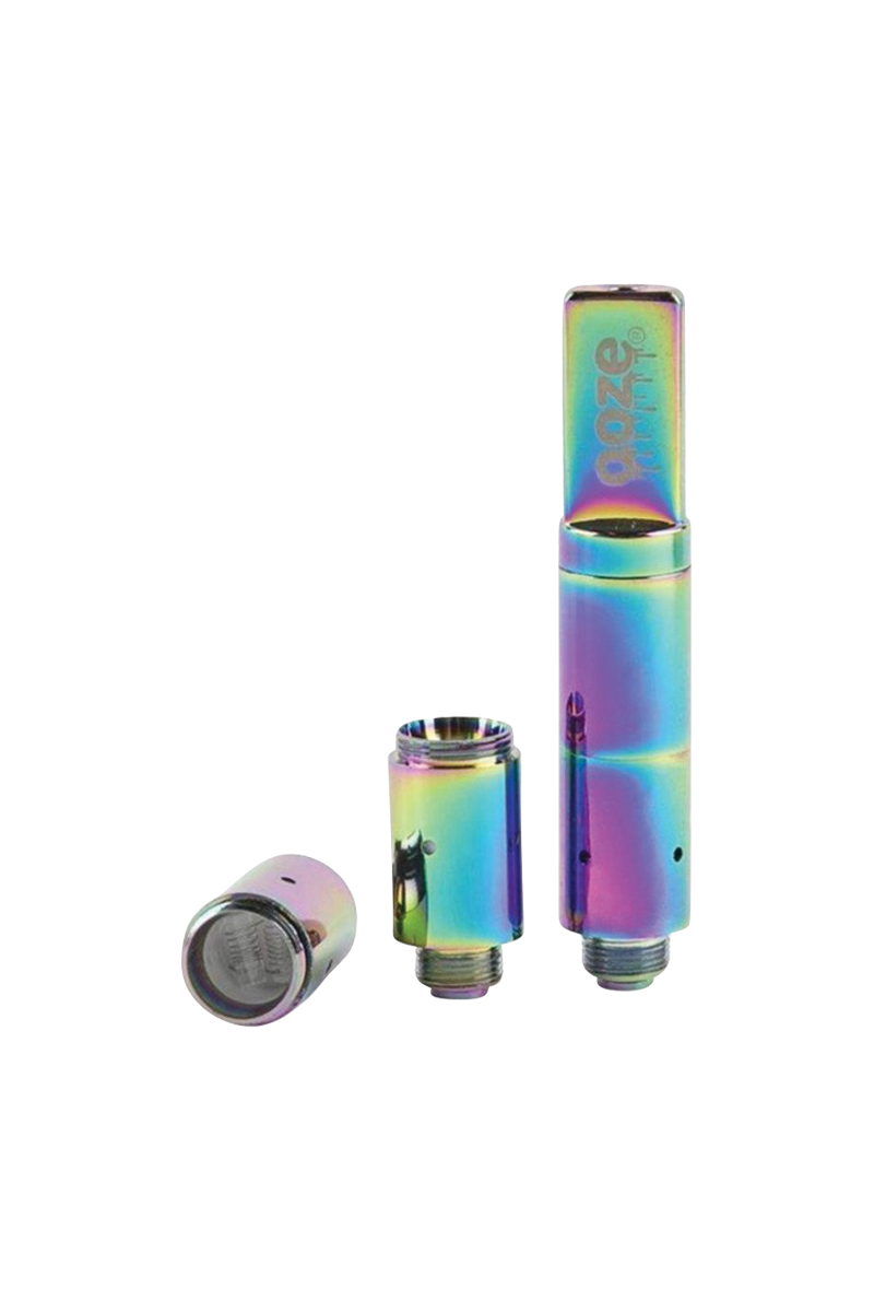 Three-piece, iridescent Ooze Slim Twist Pro Wax Atomizer Tank shown disassembled on a white background with the logo visible on the upright section.