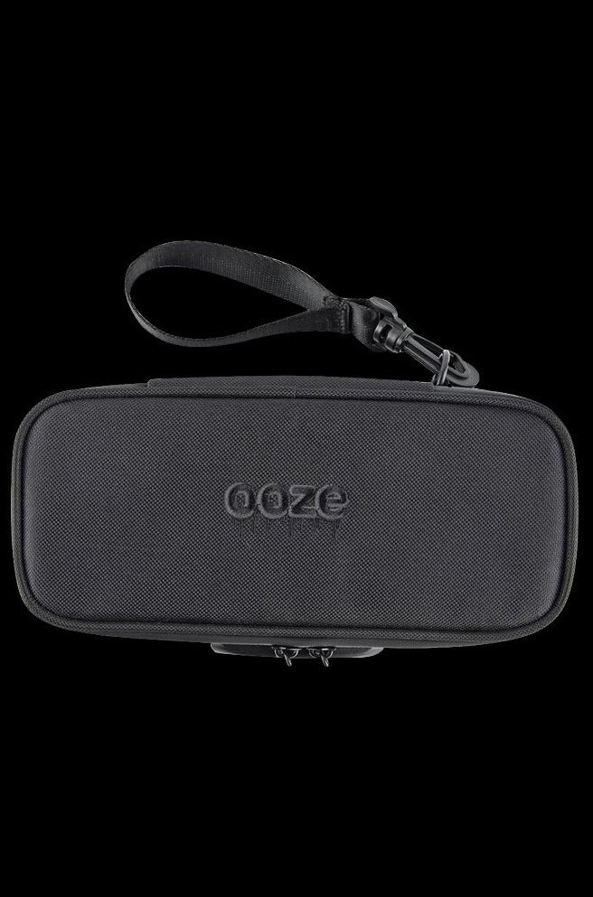Front view of the Ooze Smell Proof Travel Pouch, a black zippered case with a carrying handle, shown against a plain white background.