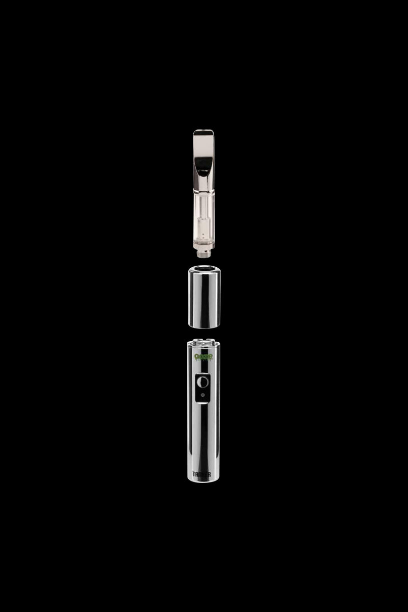 Centered vertical split view of the chrome Ooze Tanker Thermal Chamber VV 510 Battery against a black background, showing cartridge, chamber, and battery.