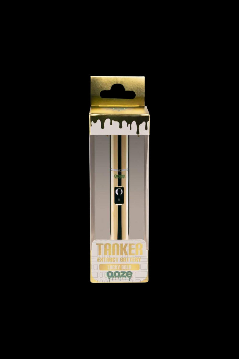 Centered front view of the Ooze Tanker Thermal Chamber VV 510 Battery in gold-toned packaging against a black background.