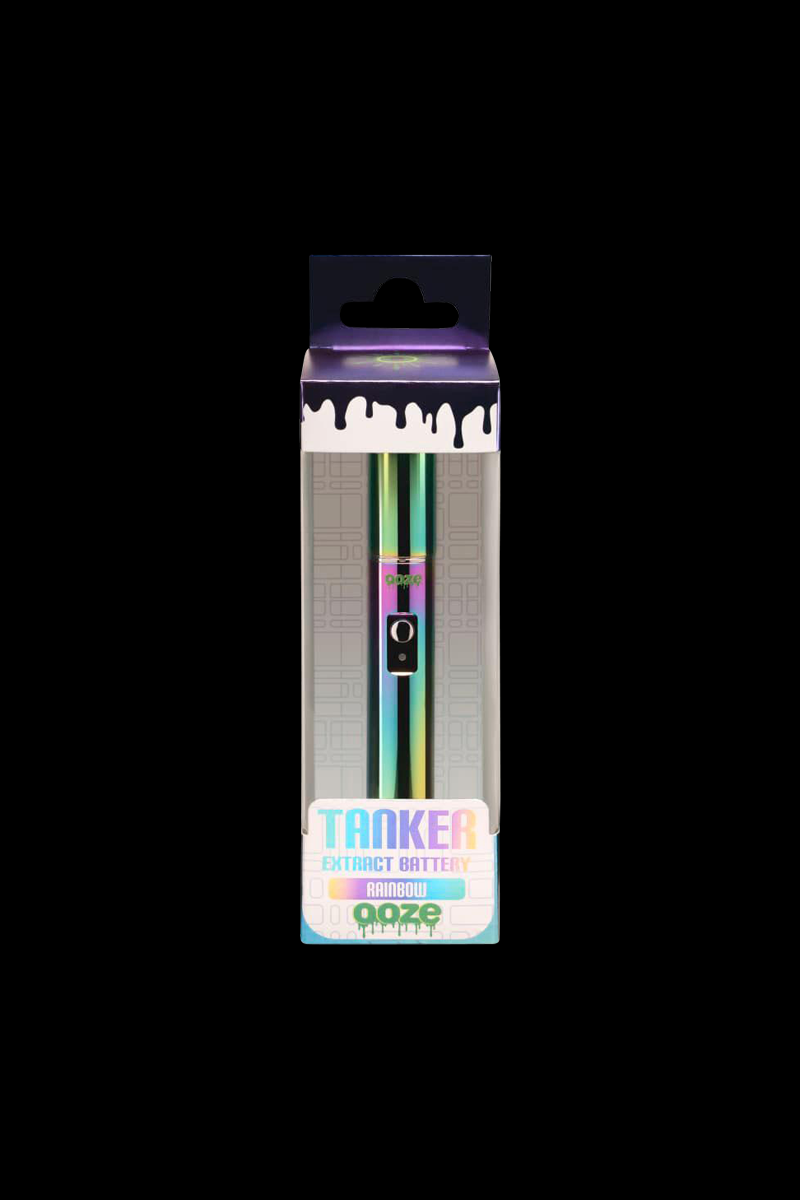 Centered frontal view of the Lucky Gold Ooze Tanker Thermal Chamber VV 510 Battery in rainbow finish inside its clear retail box against a black background