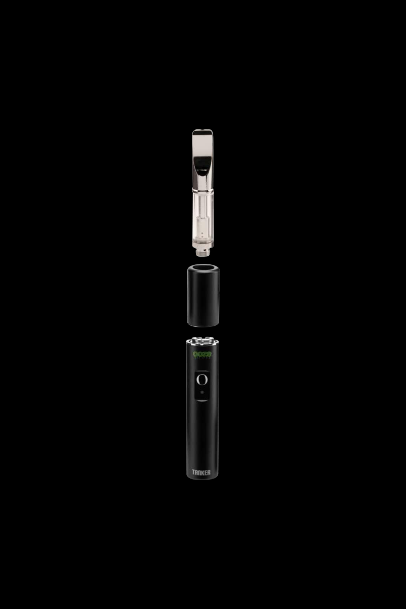 Vertical exploded view of the Rainbow Ooze Tanker Thermal Chamber VV 510 Battery showing mouthpiece, chamber, and black battery.