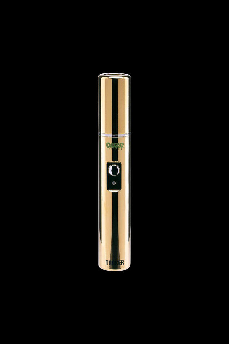Centered front view of the gold Ooze Tanker Thermal Chamber VV 510 Battery against a black background.