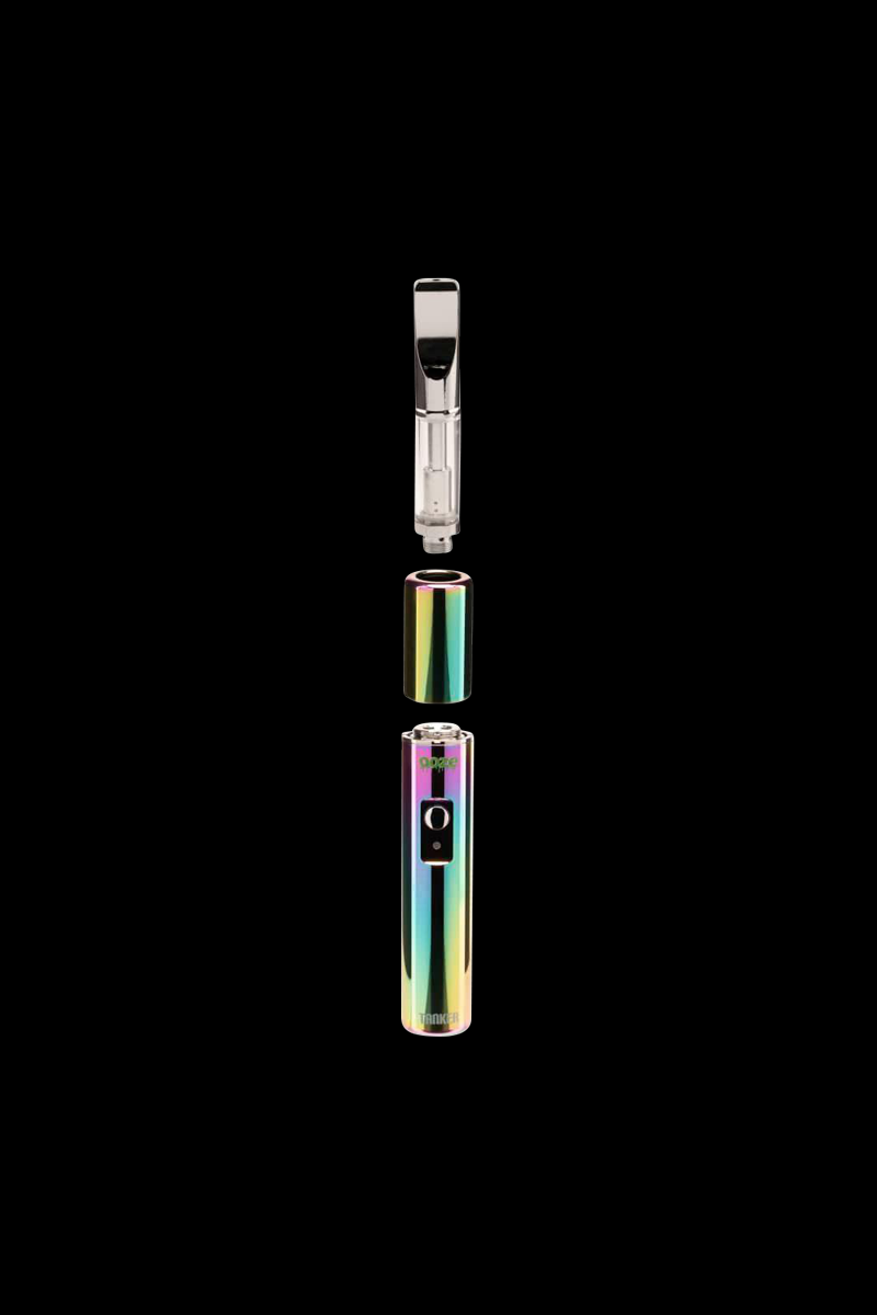 Centered front view of the Ooze Tanker Thermal Chamber VV 510 Battery shown disassembled in a vertical stack on a black background.