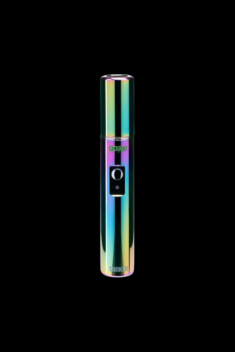 Centered front view of the iridescent Cosmic Chrome Ooze Tanker Thermal Chamber VV 510 Battery against a black background, showing its glossy cylindrical body and single round button.
