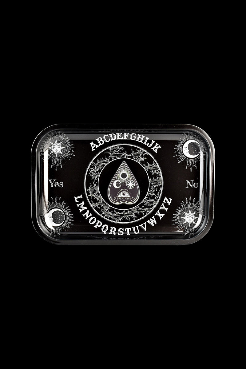 The Ouija Board Metal Rolling Tray is displayed as a top-down view of a circular, dark metal tray with a printed Ouija board design.