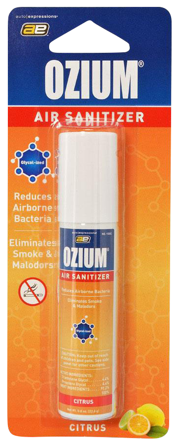 Pack-front view of an Ozium Scented 0.8oz Air Sanitizer in white plastic canister against orange and blue retail backing.