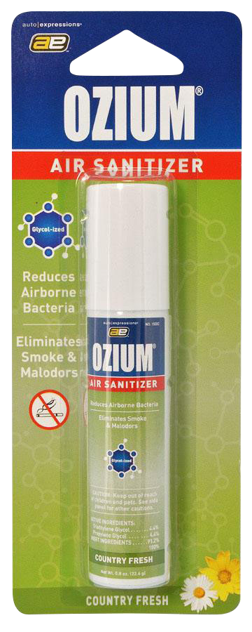 Straight-on view of the Ozium Scented 0.8oz Air Sanitizer in its blister pack with blue header and green "Country Fresh" background