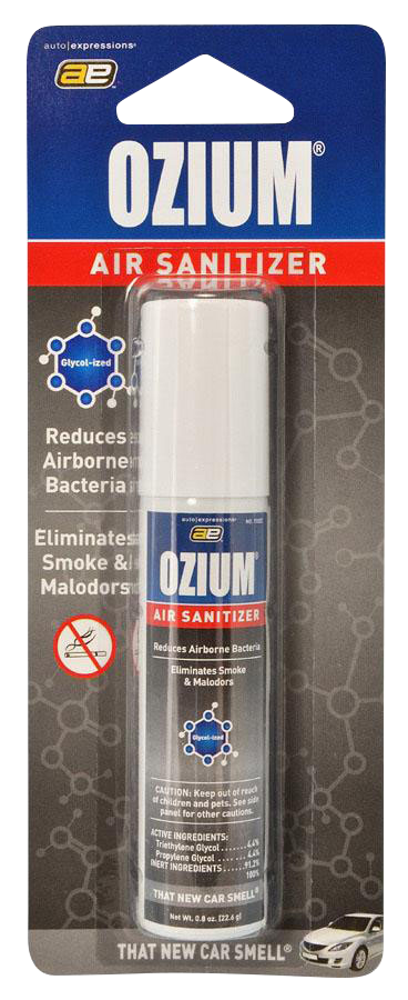 Tall front-facing shot of the Ozium Scented 0.8oz Air Sanitizer in its blue, red, and white blister pack against a grey patterned background.