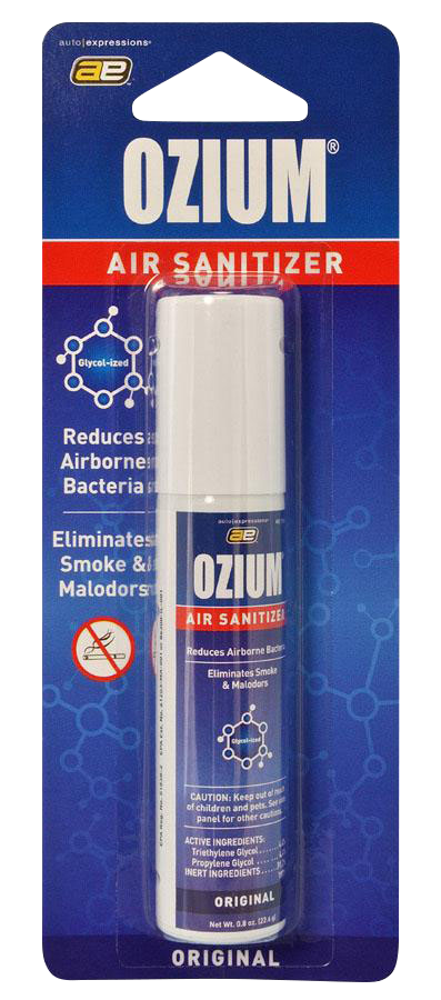 Center-front shot of the Ozium Scented 0.8oz Air Sanitizer in its blue retail blister pack with bold white logo and red band.