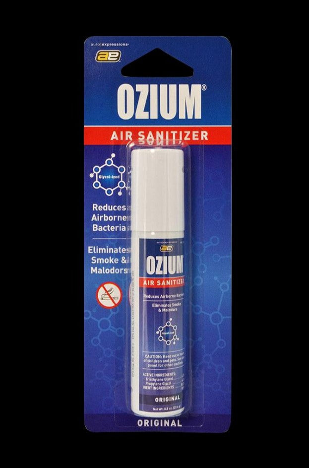 Center-frontal shot of an Ozium Scented 0.8oz Air Sanitizer in its blue blister pack, lit evenly against a black background.