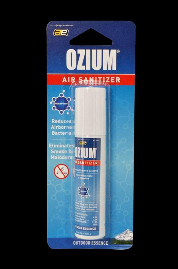 Front-facing product shot of an Ozium Scented 0.8oz Air Sanitizer in its blue blister-pack showing the white-capped spray can and bold OZIUM logo.