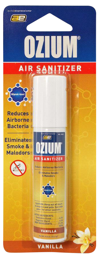 Straight-on product shot of Ozium Scented 0.8oz Air Sanitizer in its blister pack against a yellow-orange background with bold blue header and vanilla flower at the corner