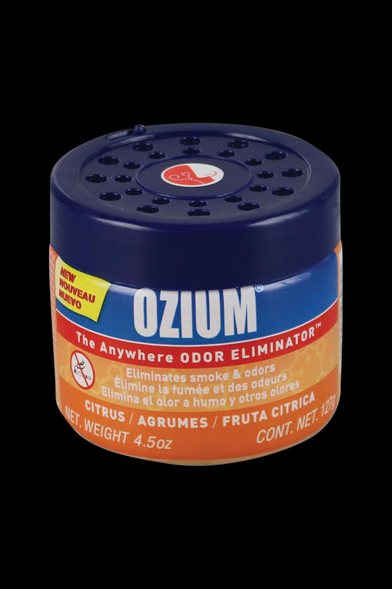 Close-up front view of an Ozium Odor Eliminator Gel canister with a navy vented lid and bright citrus label against a black background.