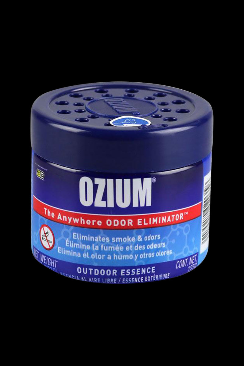 Front-facing shot of an Ozium Odor Eliminator Gel canister with a perforated dark blue lid and blue label reading "OZIUM" against a black background.