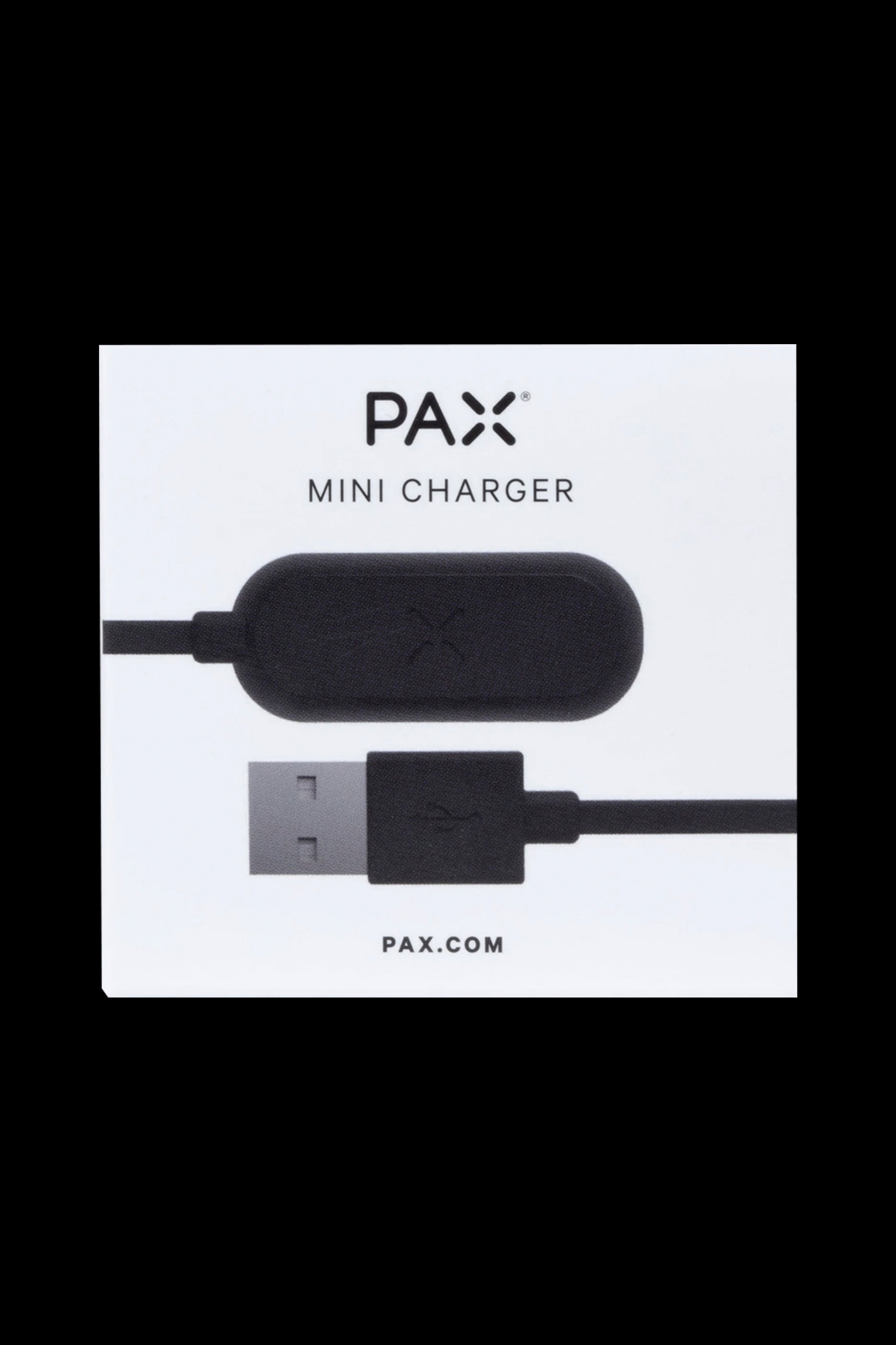 PAX mini charger with USB connection on a white card. <start_of_image>