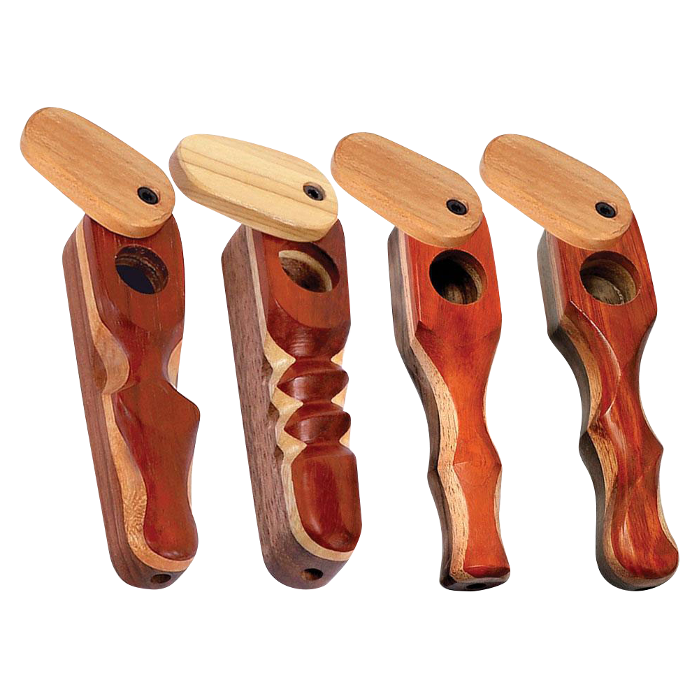 Front view of the Padauk Wood Spoon Pipe with Swivel Lid, showcasing the smooth wood grain and simple, handheld design.