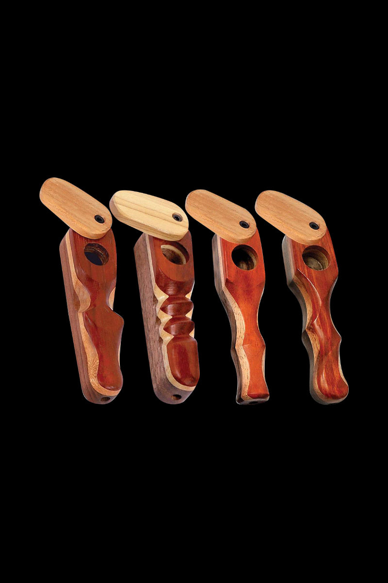 A front view of the Padauk Wood Spoon Pipe with Swivel Lid, showcasing the warm wood grain and smoothly curved design.