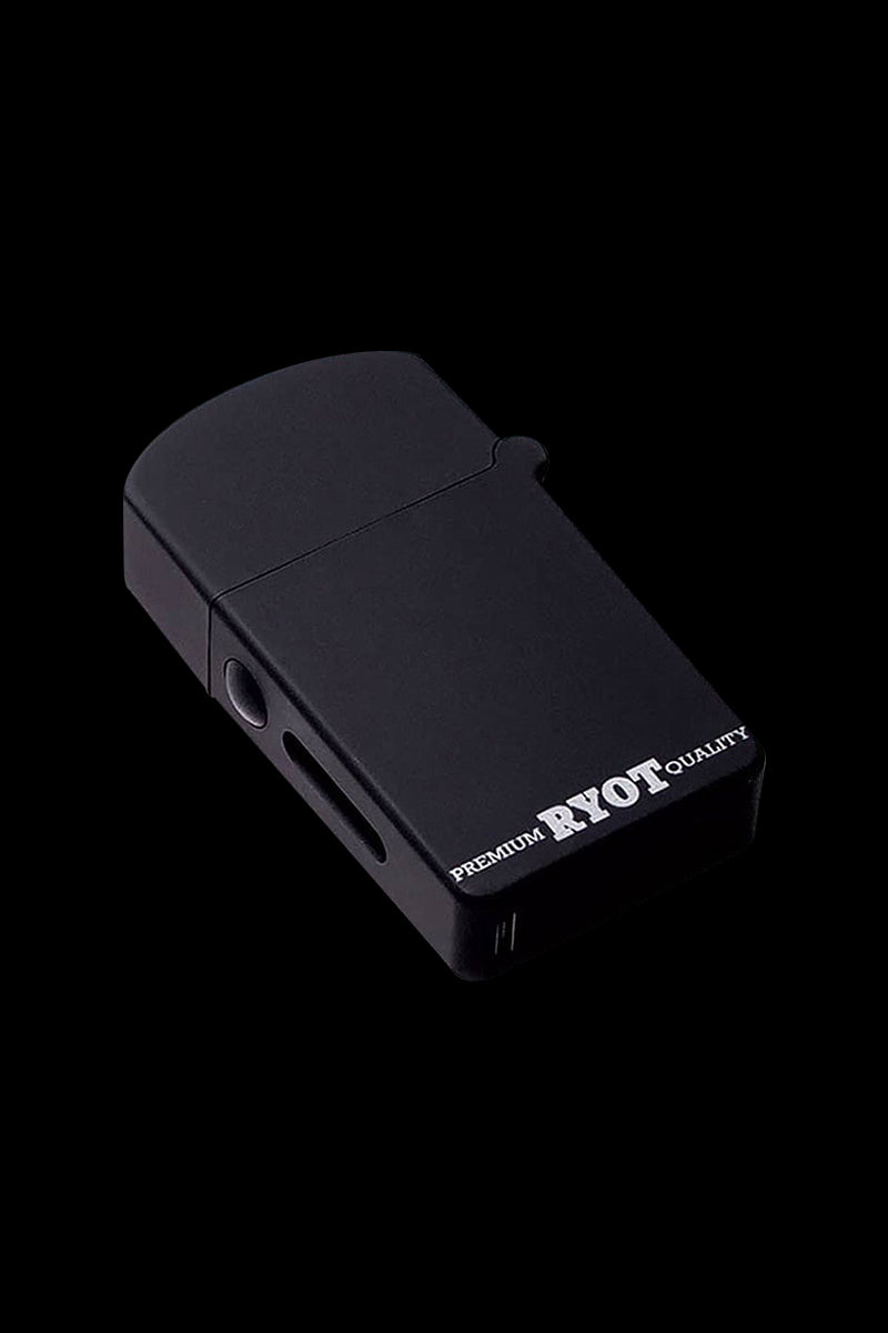 Angled top-down view of the Playboy x RYOT Verb Vaporizer in matte black on a black background, showing the side controls and RYOT logo.
