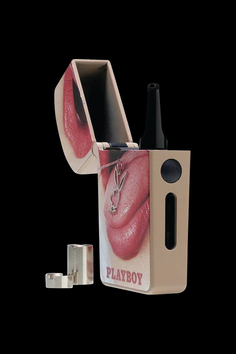 Angled front view of the Playboy x RYOT Verb Vaporizer with its lid open showing lip artwork and a black mouthpiece against a black background