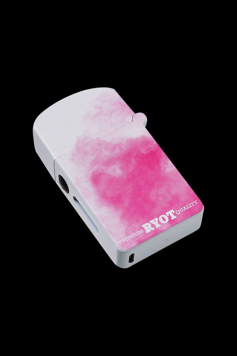Diagonal top-down view of the Playboy x RYOT Verb Vaporizer with pink cloud-like pattern on white casing against black background