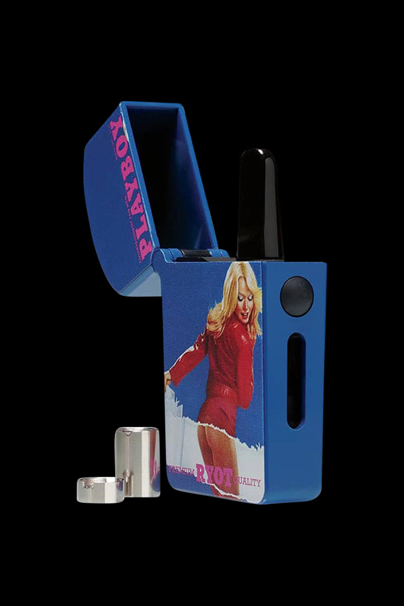 Close-up front three-quarter view of the blue Playboy x RYOT Verb Vaporizer with its lid open, pinup artwork on the side, and two small metal pieces beside it.