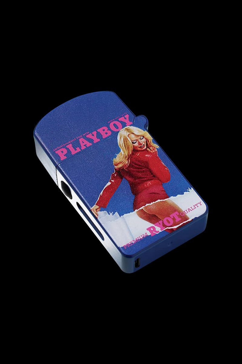 Angled top-down view of the Playboy x RYOT Verb Vaporizer featuring a blue case with pink "PLAYBOY" text and a retro pinup in a red outfit against a black background