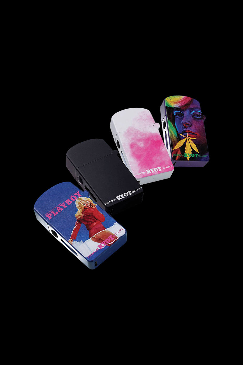 Angled top-down shot of four Playboy x RYOT Verb Vaporizer units in a diagonal row against a black background, each showing distinct colorful faceplate artwork.