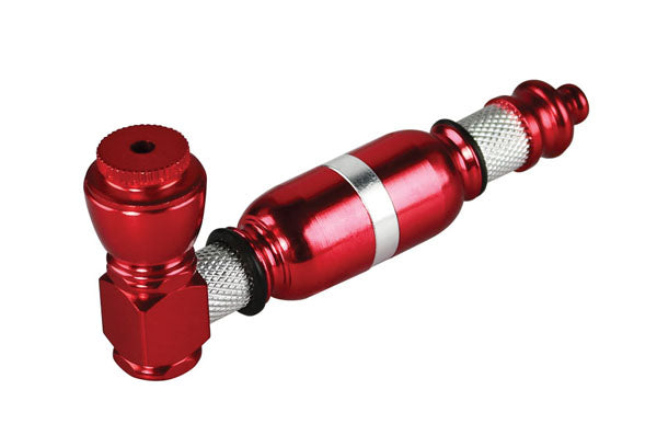 A close-up, angled view of the Portable Metal Hand Pipe, featuring a metallic red finish and textured grip.
