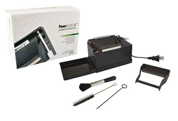 A three-quarter view of the black Powermatic II+ Electric Cigarette Injector Machine with its power cord, displayed on a white background.
