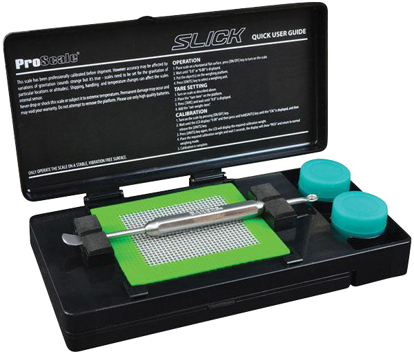 The Pro Scale Slick Concentrate Kit & Scale is displayed open, revealing a close-up of its components and instructions within the black case.
