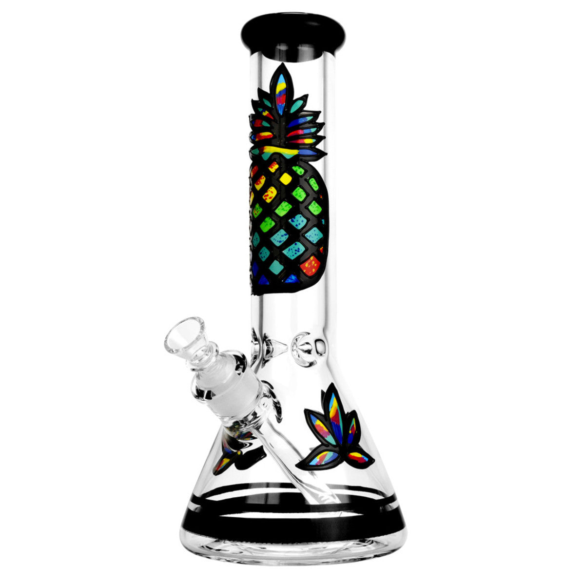 Front view of the Psychedelic Pineapple Beaker Bong, a clear glass bong with a colorful pineapple design near the top.