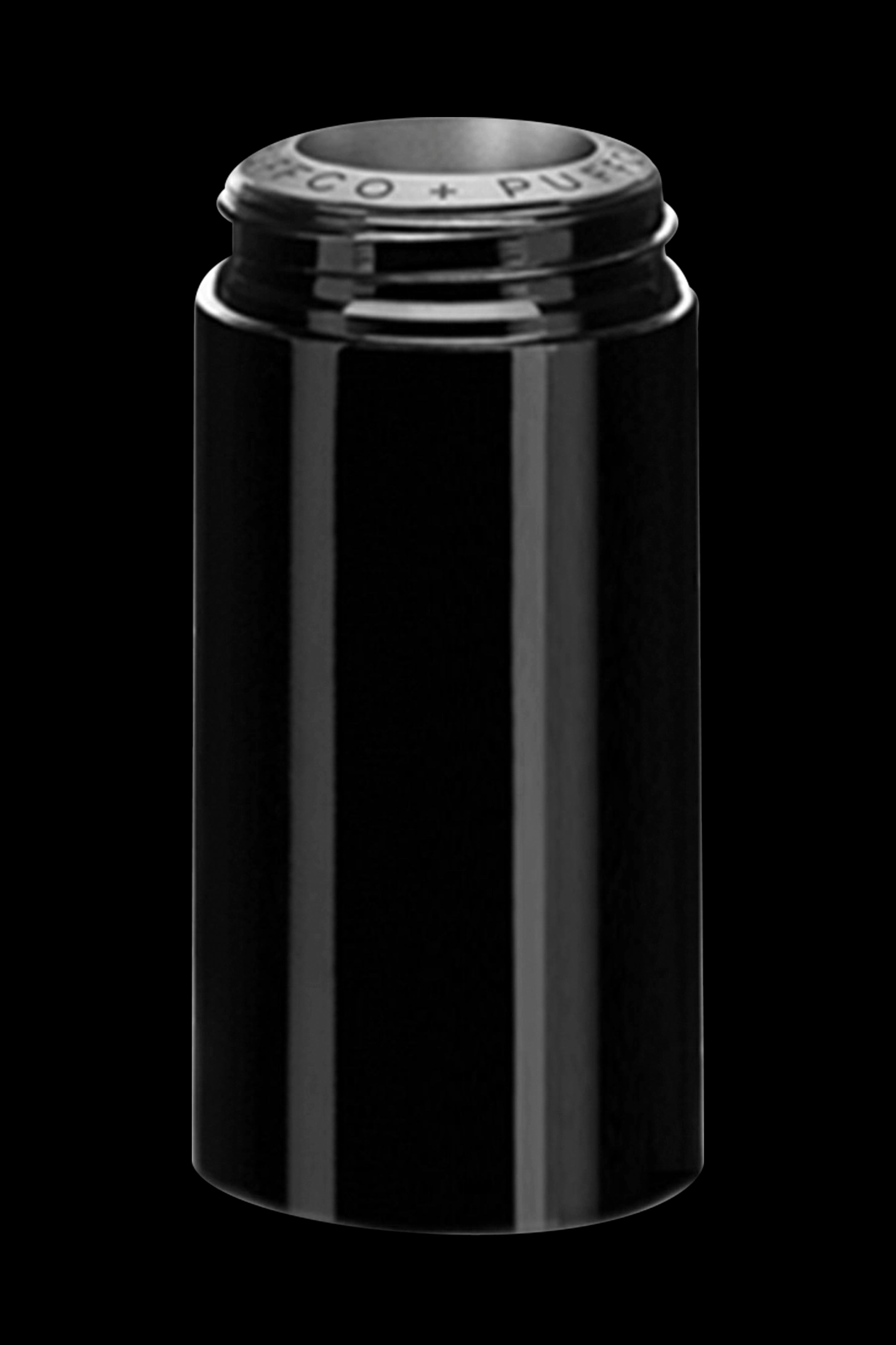 Black cannabis oil vape cartridge with a metallic cap labeled “Eco Push”.