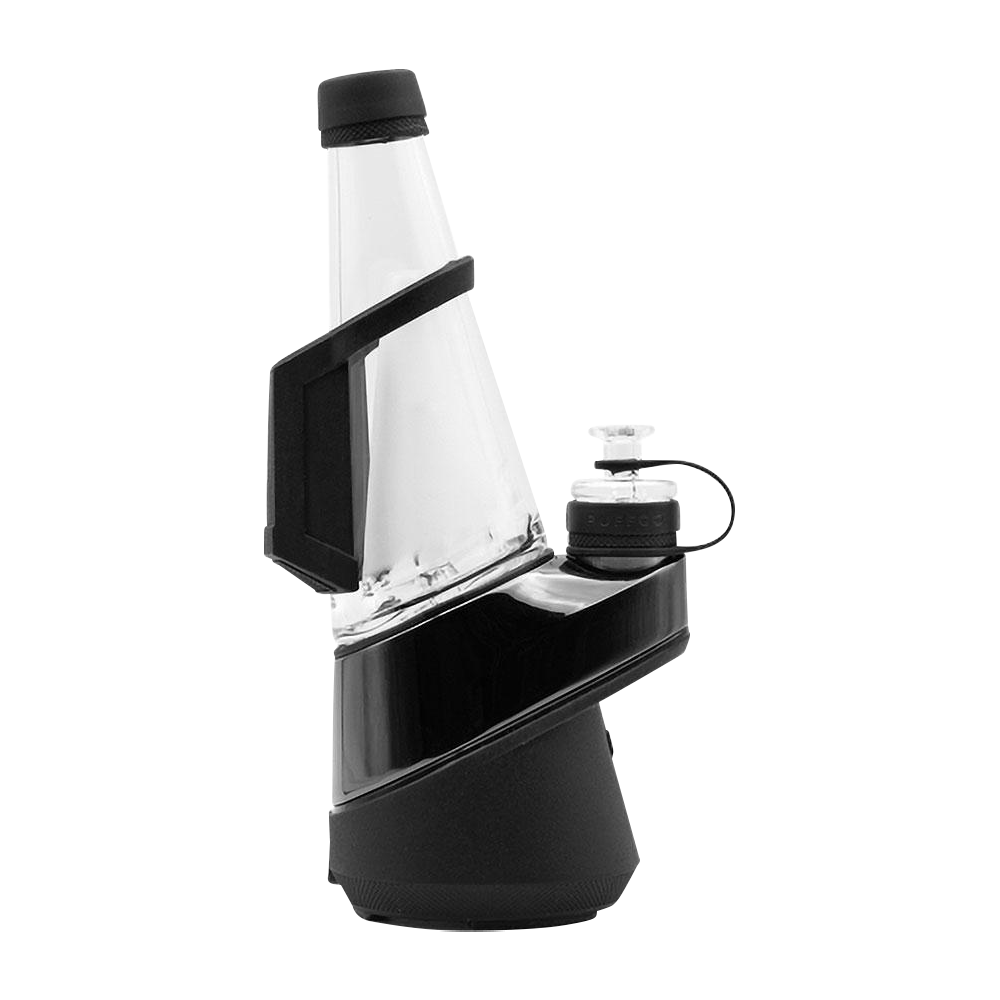 A three-quarter view of the black Puffco Peak Travel Pack, displaying its compact size and portable design.