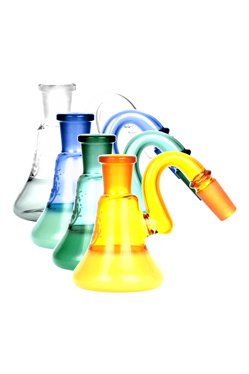 Front-facing arrangement of five colorful glass Pulsar 2 Tone Ash Catcher units in yellow, teal, green, blue, and clear on a white background