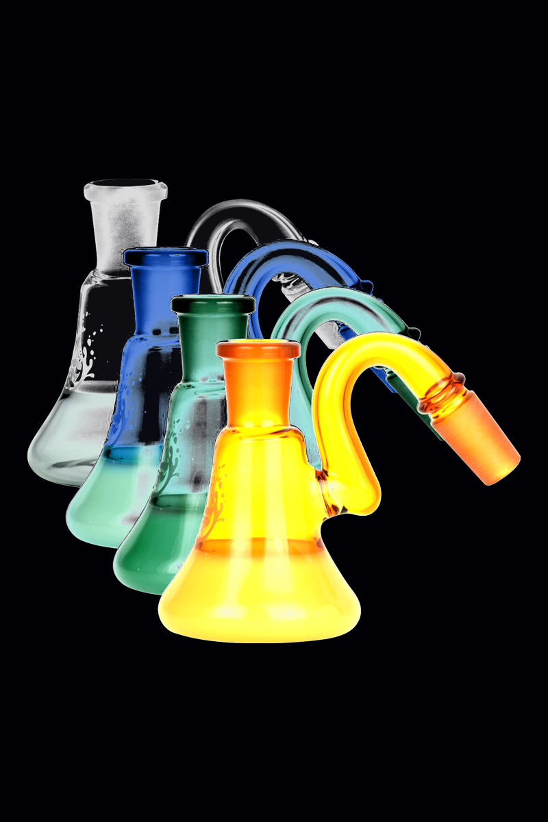 Front-right 45-degree view of a row of colorful glass ash catchers with the Pulsar 2 Tone Ash Catcher name visible in reflection.