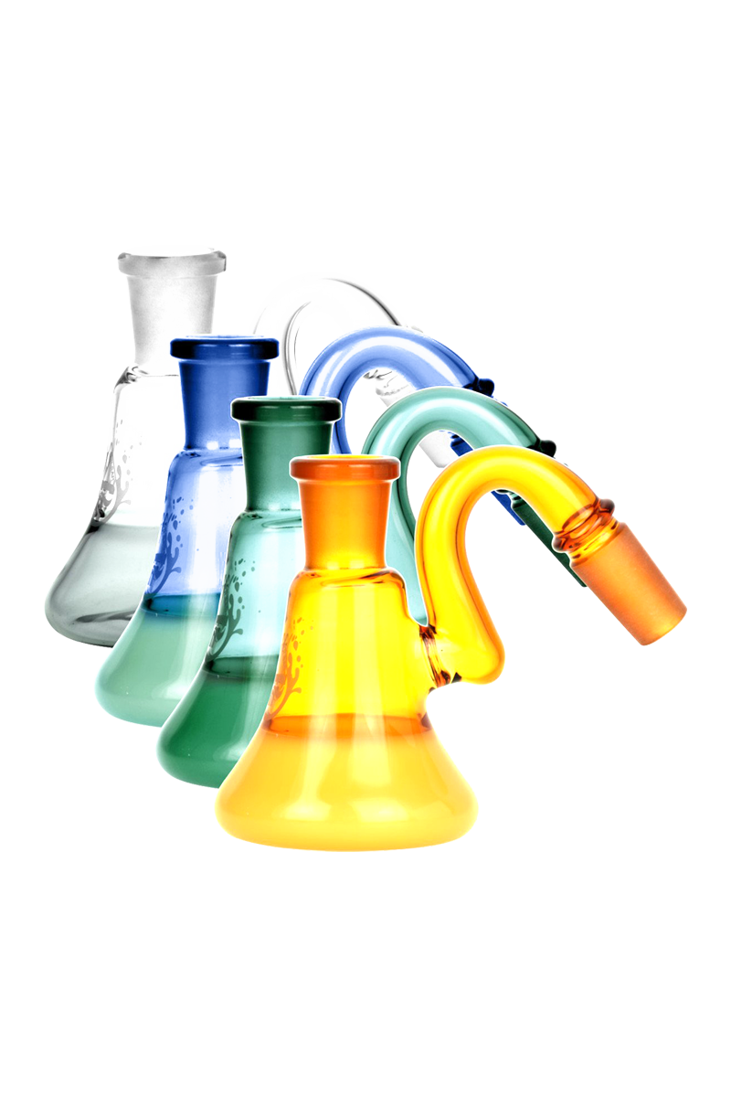 Front three-quarter view of five colorful Pulsar 2 Tone Ash Catcher pieces fanned outward with the orange and yellow model in front.