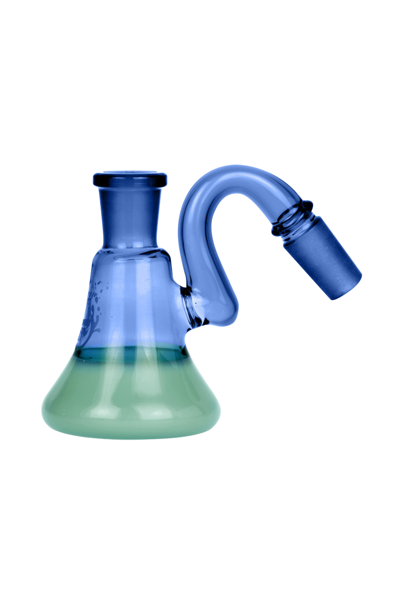 Front three-quarter view of the Pulsar 2 Tone Ash Catcher showing a blue curved neck and frosted green beaker base.