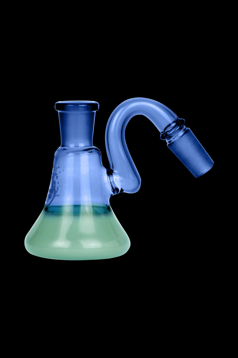 45-degree view of the Pulsar 2 Tone Ash Catcher showing blue curved glass and a green-tinted flared base against black background