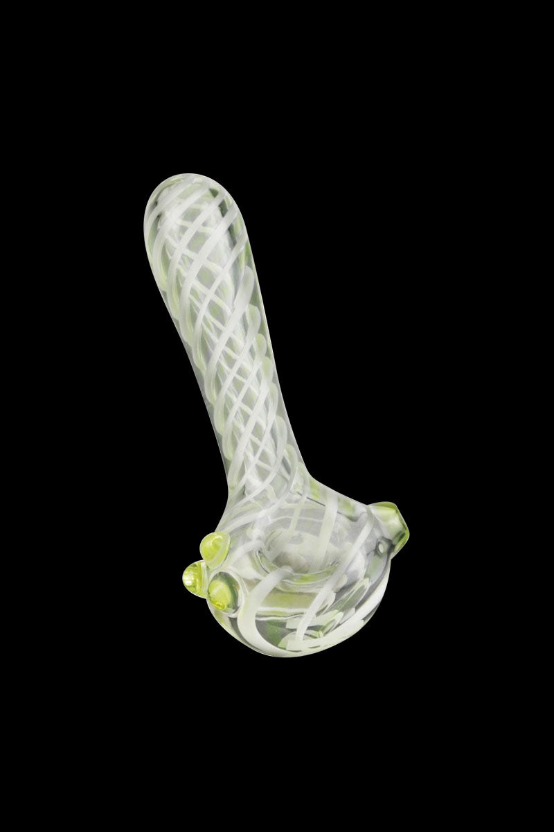 A side view of the Pulsar UV Candy Stripe Spoon Pipe, showcasing its colorful striped glass design.