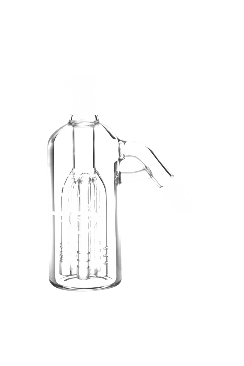 A side view of the Pulsar 5-Arm Tree Perc Ash Catcher, showcasing its clear glass construction and multi-arm percolator design.