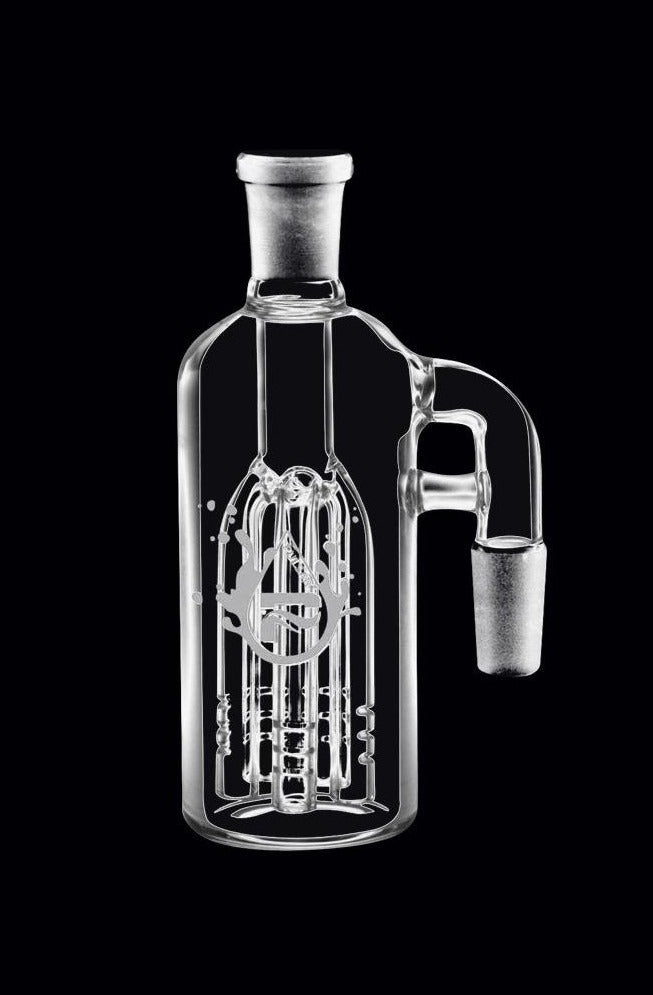 Front view of the Pulsar 5-Arm Tree Perc Ash Catcher, showcasing its clear glass construction and intricate perc design.