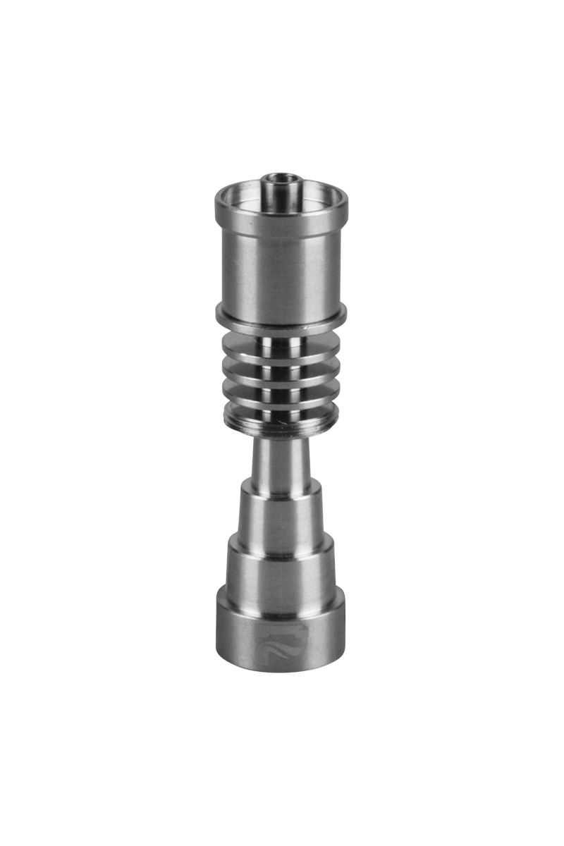 A front view of the Pulsar 6-in-1 Universal Titanium Nail, showcasing its multi-tiered, metallic structure against a plain white background.