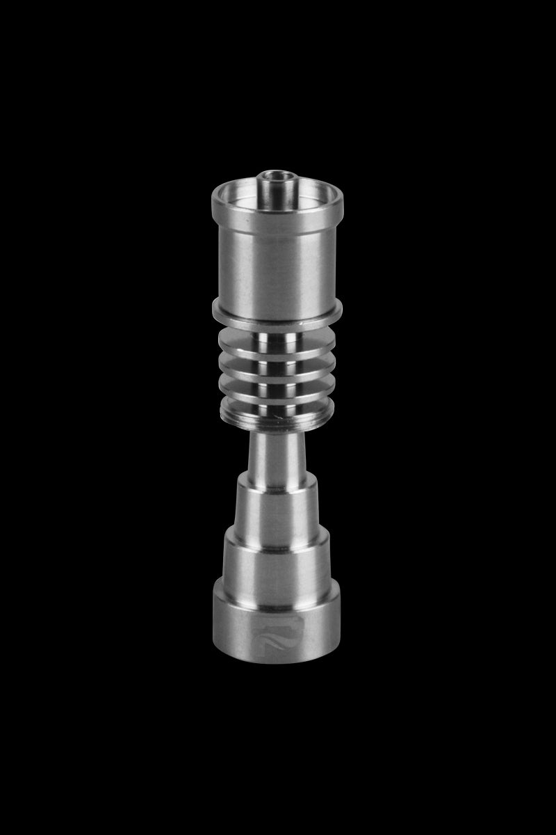 A studio shot of the Pulsar 6-in-1 Universal Titanium Nail, showcasing its metallic texture and sleek, cylindrical form.