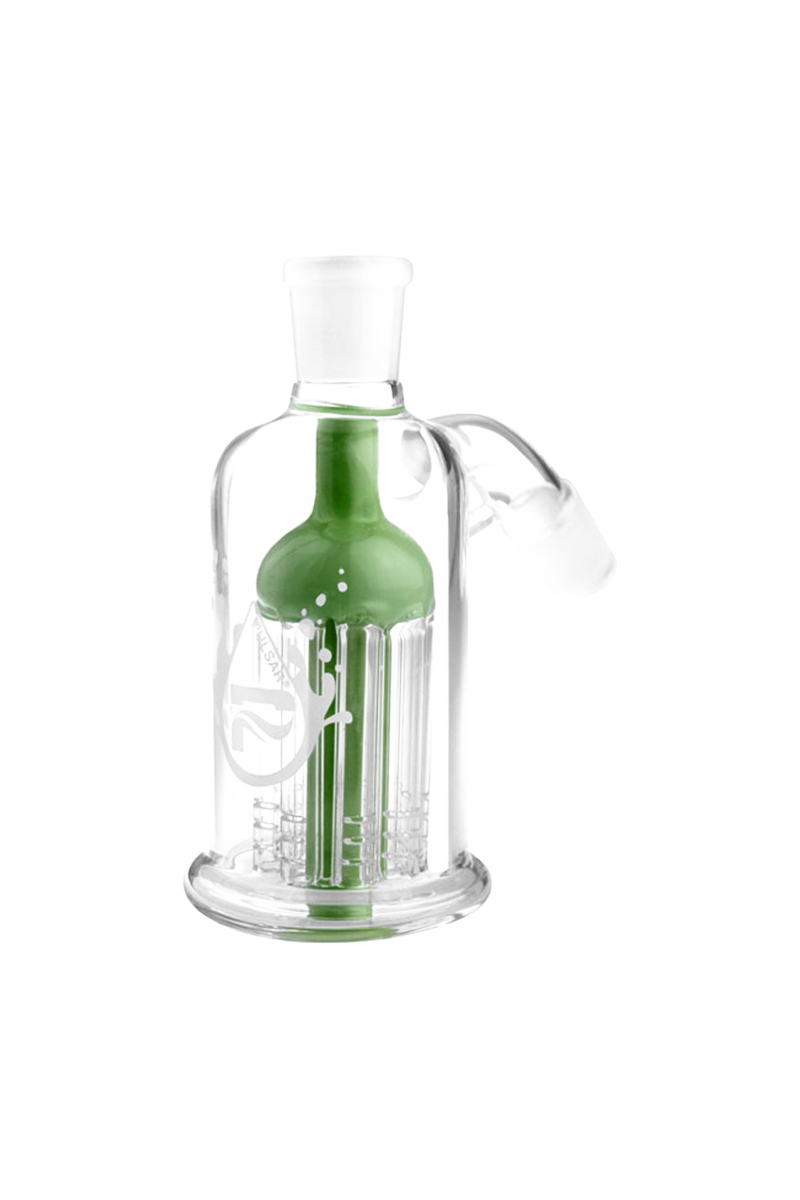 Front-facing view of the Pulsar 8-Arm 45° Ash Catcher showing its clear glass body and central green 8-arm percolator against a white background