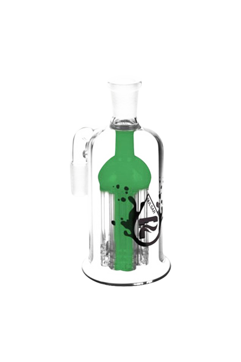 A studio shot of the Pulsar 8 Arm Ash Catcher, showcasing its clear glass construction and multi-arm percolator design.