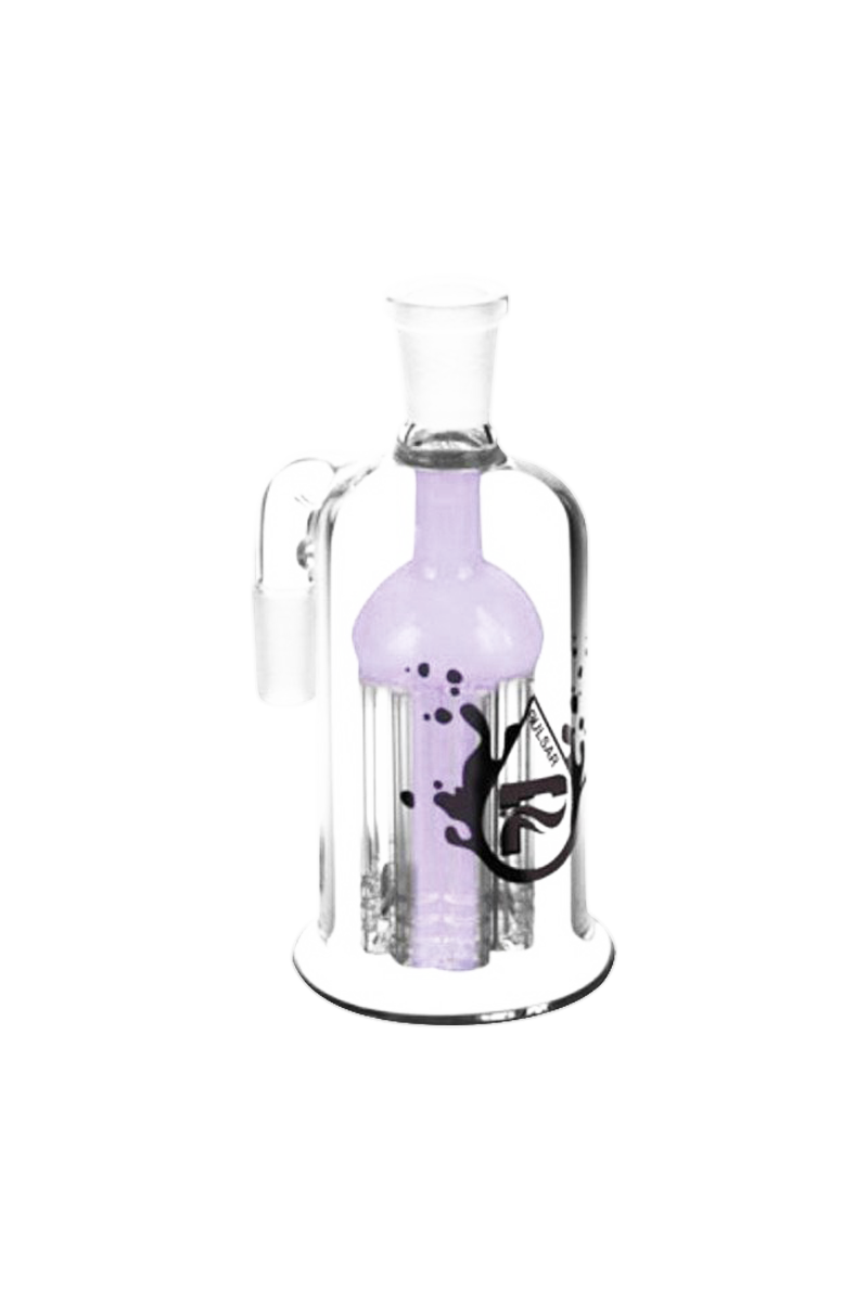 A studio shot of the Pulsar 8 Arm Ash Catcher, with a clear glass construction and eight percolator arms visible.